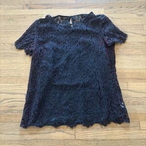 Talbots Womens Size 14 Navy Blue Lace Top Short Sleeve Green Lining Eyelash Hem